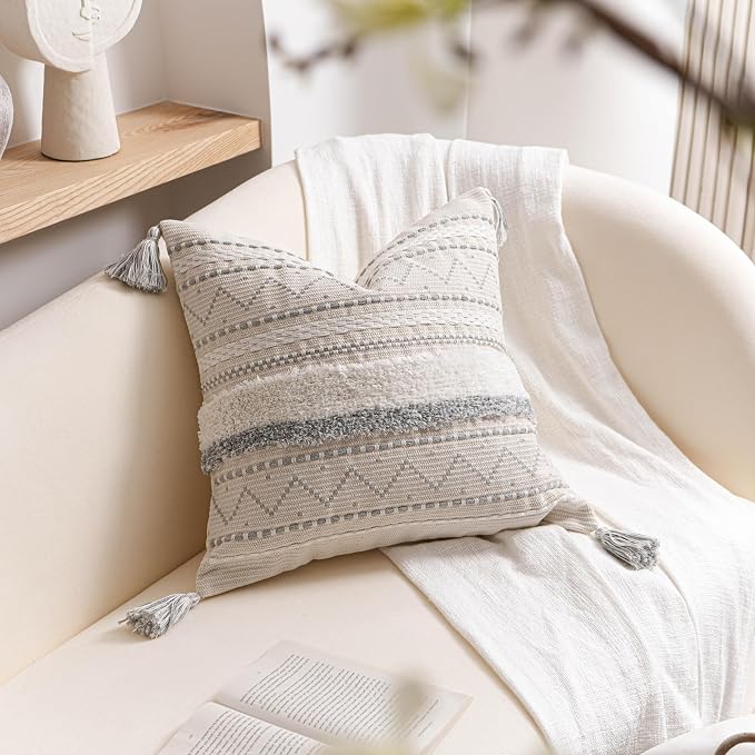 BlissBlush 18X18 Throw Pillow Cover, Cream Neutral Square Decorative Cushion - Image 6
