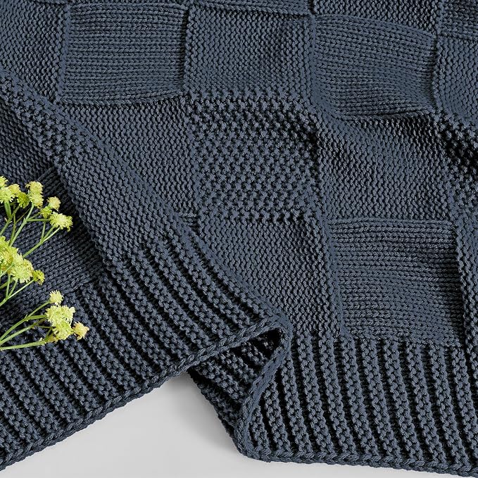 CozeCube Check Knit Throw Blanket, Midnight Navy Checkered Throw - Image 8