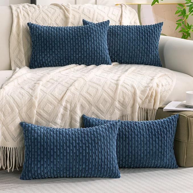 Set of 4 Blue Decorative Throw Pillow Covers 12x20 Inch Corduroy Pillow Covers - Image 2