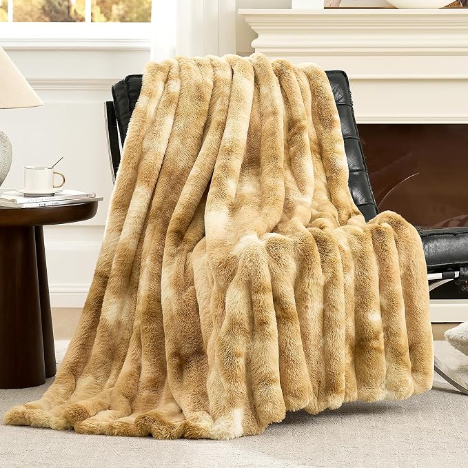 Cozy Bliss Deluxe Striped Rabbit Faux Fur Throw Blanket, Soft Fluffy Warm Plush by CozyBliss