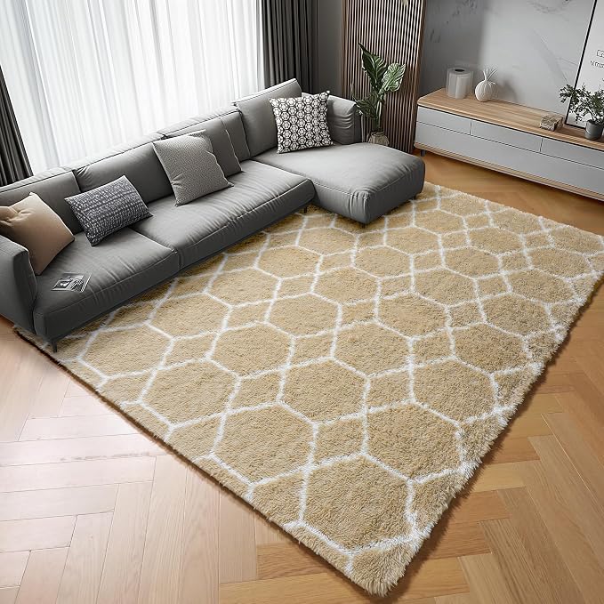 ONASAR Rugs for Living Room Bedroom, 5x8 Fluffy Beige and White Area Rug - Image 3