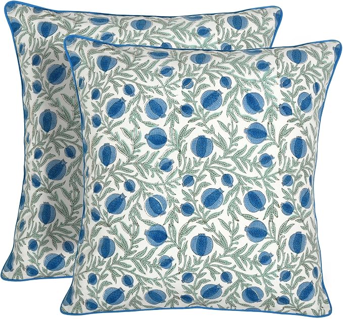 Ridhi Block Print Queen Blue Pillow Cover 20" x 20" Decorative Couch Pillows by Ridhi