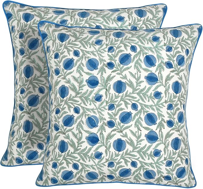 Ridhi Block Print Queen Blue Pillow Cover 16" x 16" Decorative Couch Pillows - Image 2