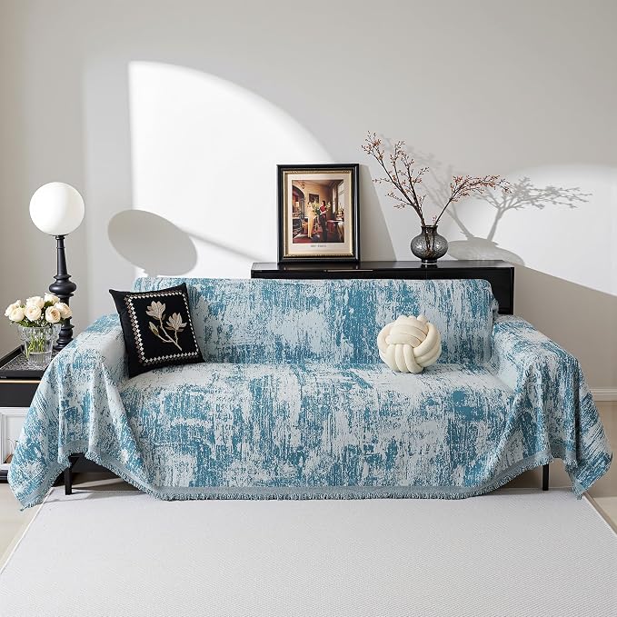 MEETSKY Boho Sofa Cover Sofa Slipcover Thick Chenille Blue Couch Cover - Image 2