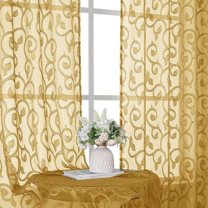 OWENIE Furman Gold Sheer Curtains 84 inches Long by OWENIE