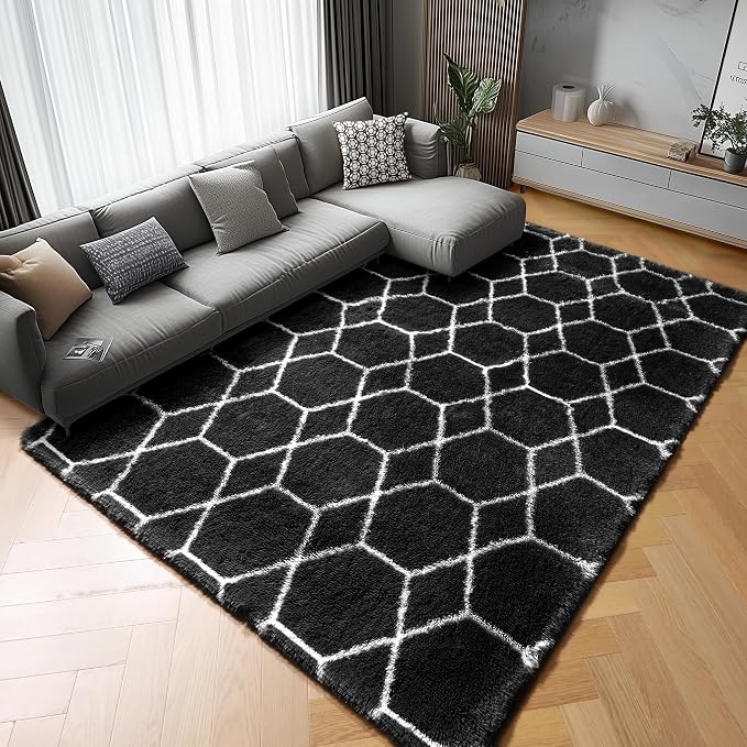 ONASAR 5x7 Area Rugs for Living Room Bedroom, Fluffy Black and White Rug - Image 4