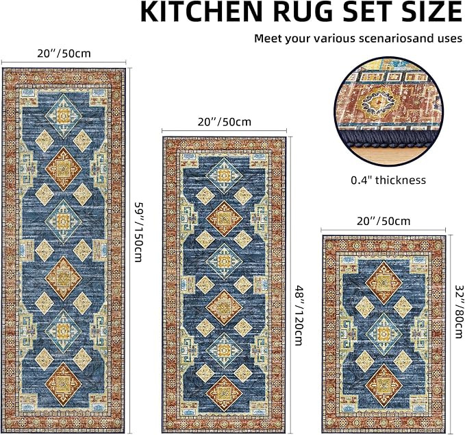 Tritard 100% Non Slip Kitchen Rugs Sets of 3 Washable Boho Kitchen Mats - Image 2