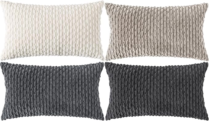 Set of 4 Grey White Taupe Decorative Throw Pillow Covers 12x20 Inch Corduroy by Cozoomy
