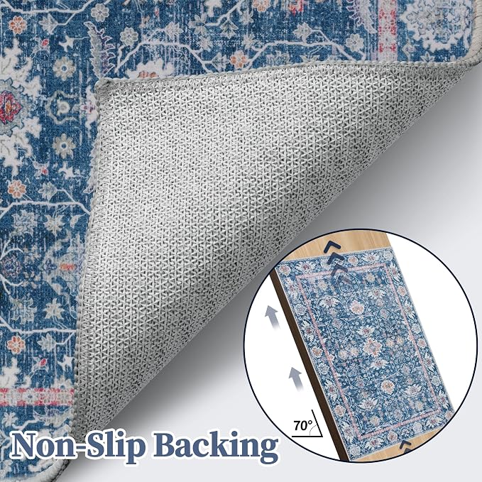Tangsoo 5x7 Area Rug for Living Room Non Slip, Washable Vintage Blue Floral Rug - Image 5