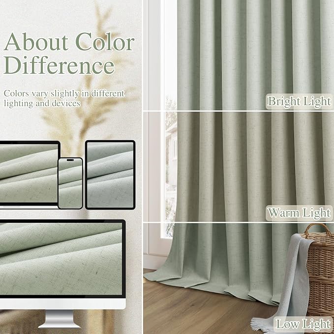 Guken Mist Sage 100% Blackout Linen Curtains 90 Inch Length 2 Panels Set - Image 7