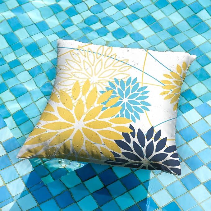 Yellow and Dark blue Floral Pillow Covers 18x18 Set of 2 Outdoor Waterproof - Image 4
