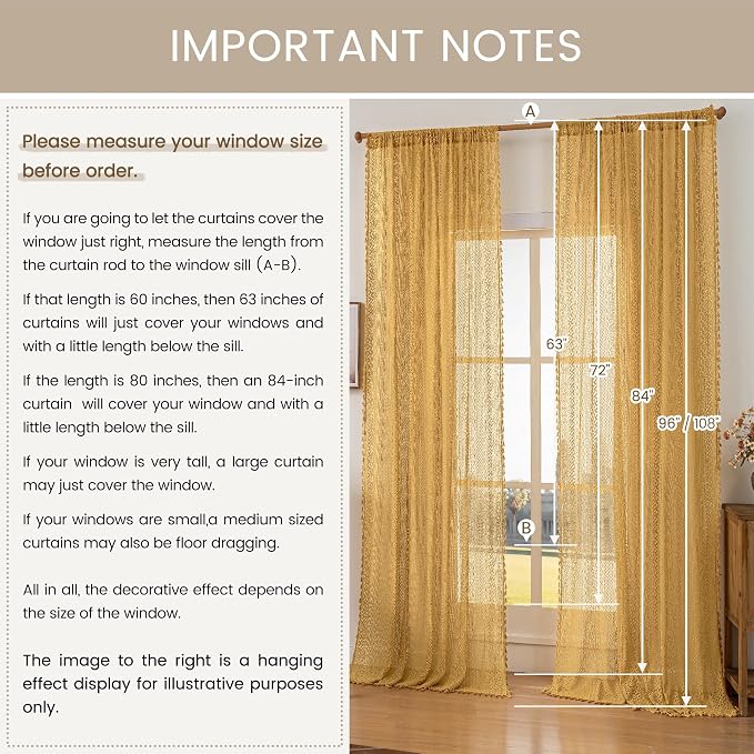 WAZZIO Boho Lace Curtains 108 Inches 2 Panel, Light Filtering Privacy Tassel & - Image 9