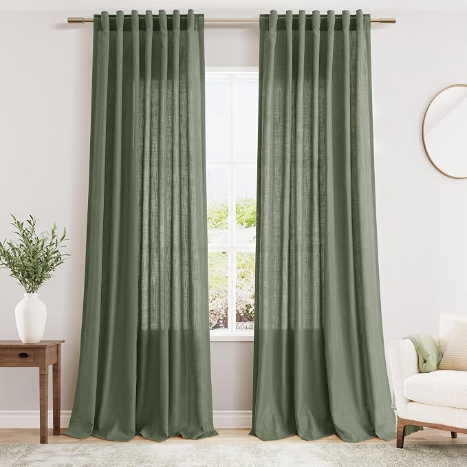 Extended Curtain Olive Green Linen Sheer Curtains by Nanspring