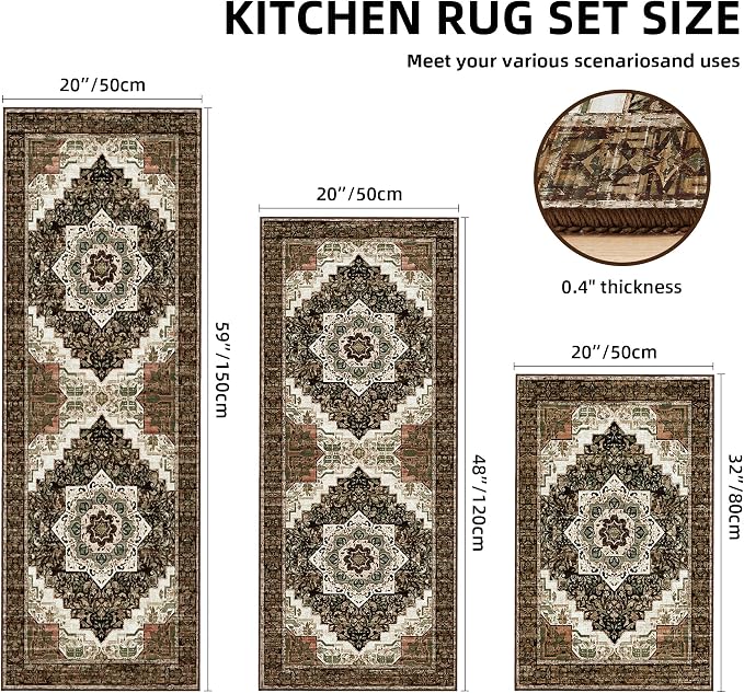 Tritard 100% Non Slip Kitchen Rugs Sets of 3 Washable Boho Kitchen Mats - Image 2
