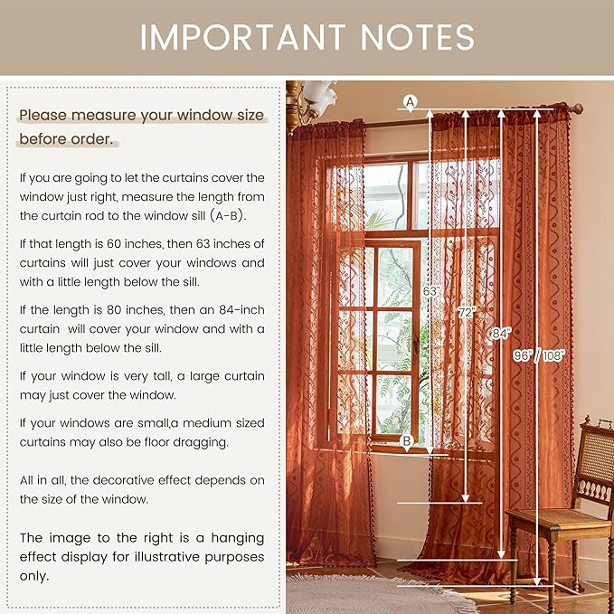 WAZZIO Boho Lace Curtains 84 Inch 2 Panels-Vintage Sheer Panel Drape Floral - Image 8