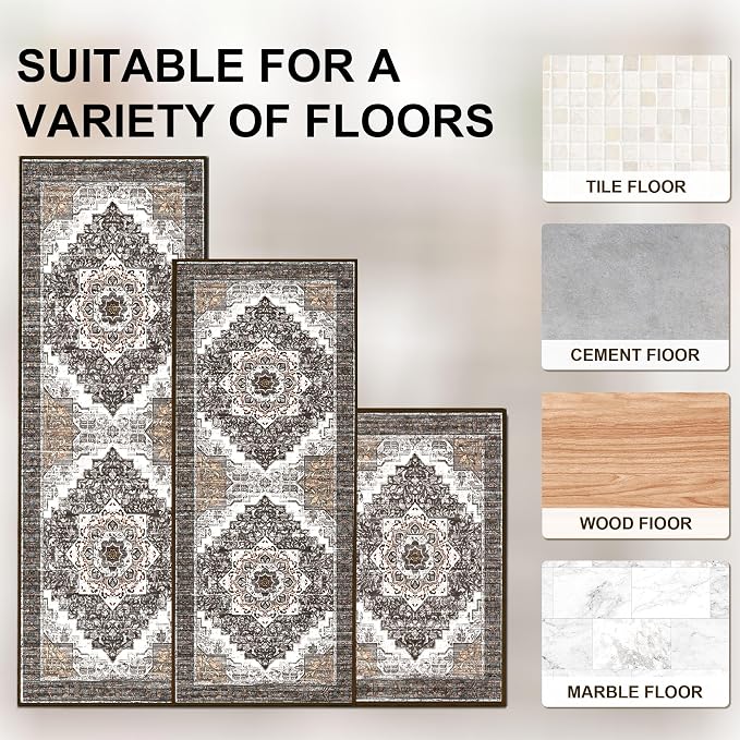 Tritard 100% Non Slip Kitchen Rugs Sets of 3 Washable Boho Kitchen Mats - Image 4