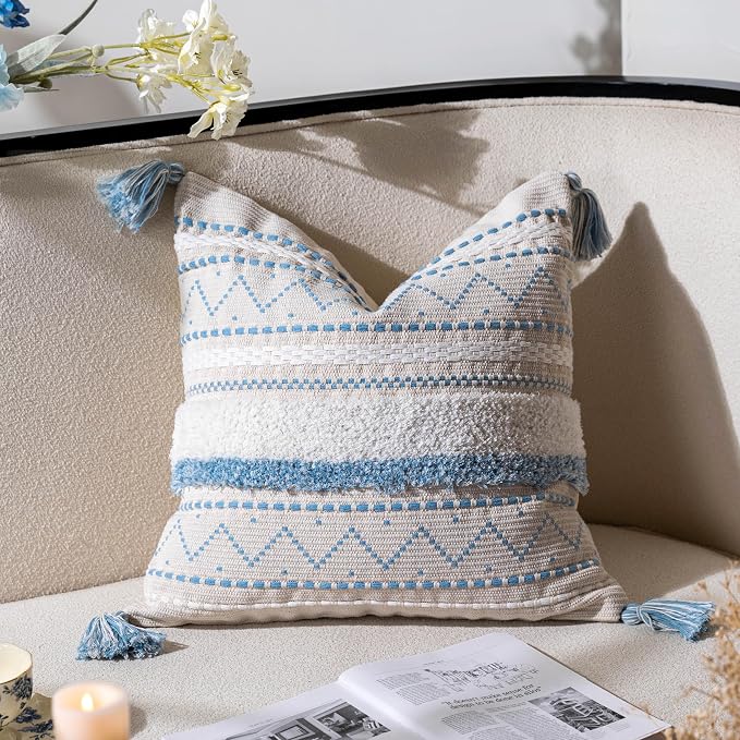 BlissBlush 20X20 Throw Pillow Cover, Coastal Blue Square Decorative Cushion by BlissBlush