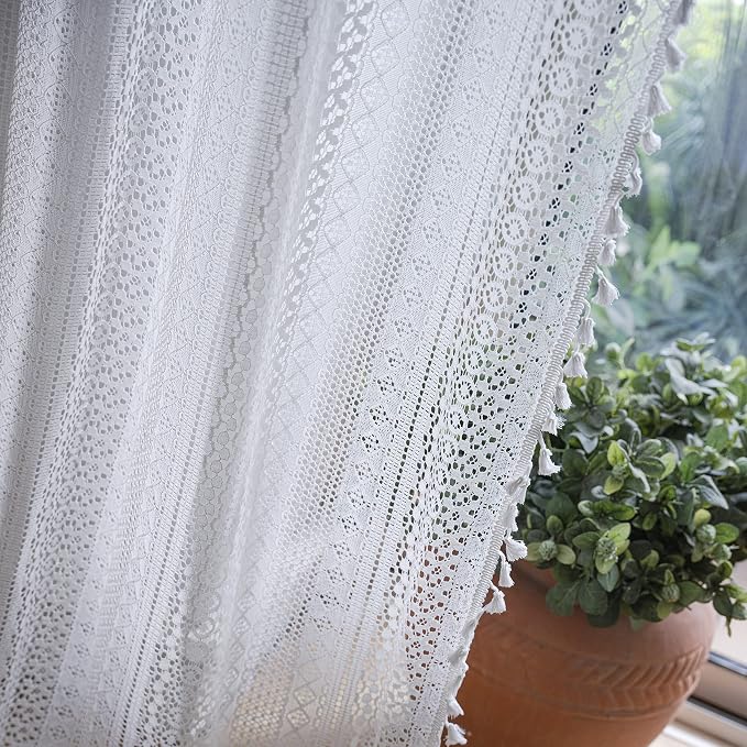 WAZZIO Boho Lace Curtains 84 Inches 2 Panel, Light Filtering Privacy Tassel & - Image 6