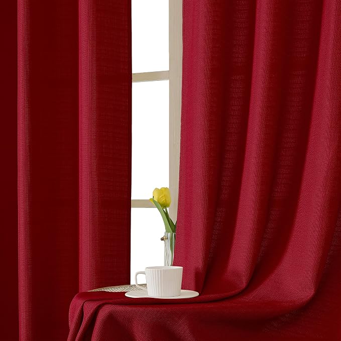 Chyhomenyc Red Curtains 78 Inch Length 2 Panels Set, Faux Linen Textured Light - Image 6