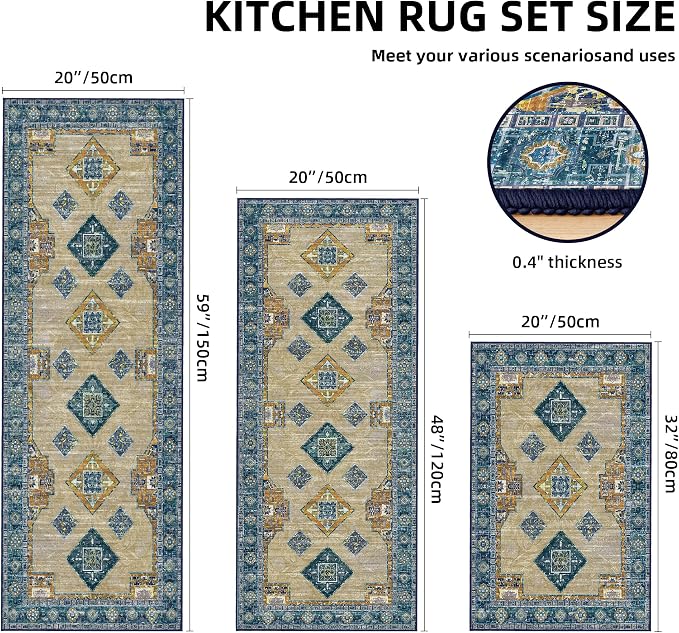 Tritard 100% Non Slip Kitchen Rugs Sets of 3 Washable Boho Kitchen Mats - Image 2