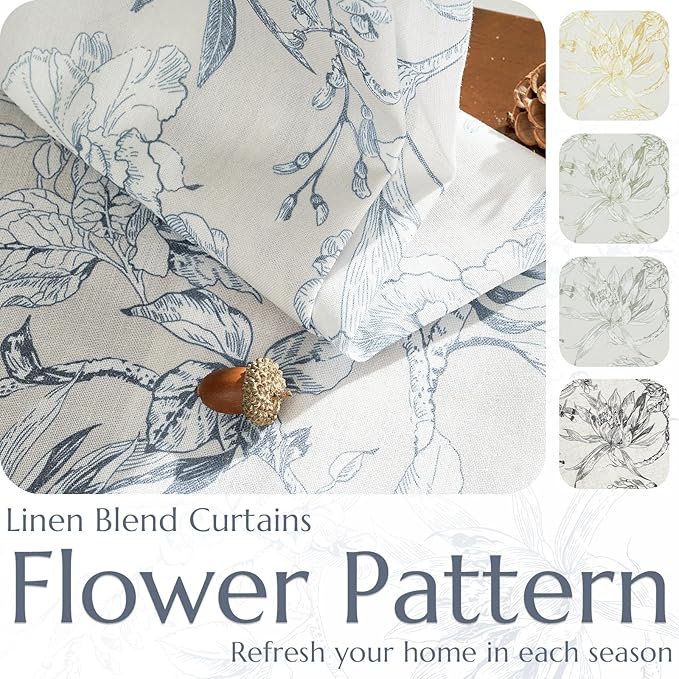 jinchan Floral Curtains 63 Inch Length Blue Flower Linen Farmhouse Curtain - Image 4