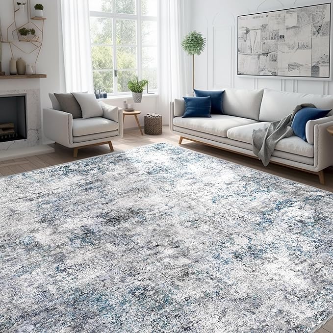 Abstract 9x12 Washable Rug: Modern Ultra Non Slip Area Rug Soft Carpet Foldable by Puino