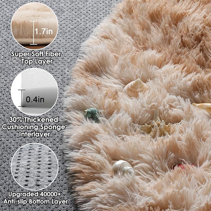 ONASAR Round Rugs 6ft for Living Room Bedroom, Tie-Dye Beige Fluffy Circle Area - Image 2