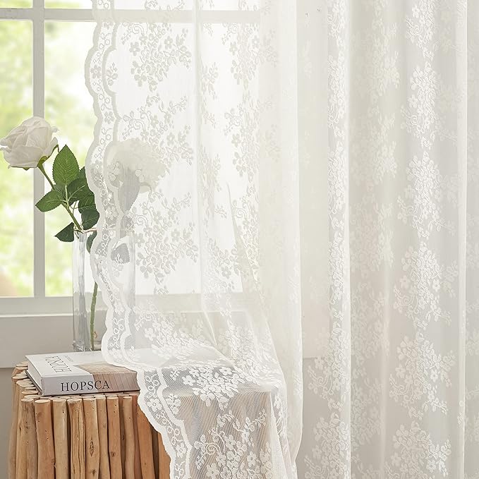 YJ YANJUN Vintage Lace Curtains 84 Inches Long-Victorian Floral Pattern Ivory by YJYANJUN