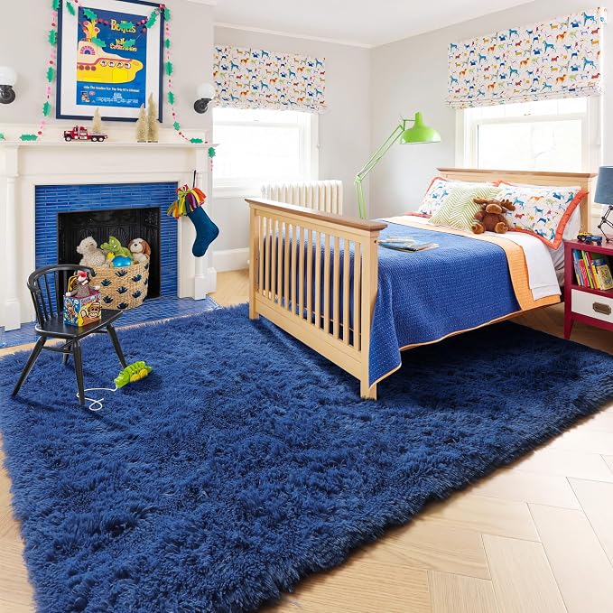Amdrebio Navy Blue Area Rugs for Boys Bedroom, 5x7 Shag Fluffy Furry Plush Rug - Image 6