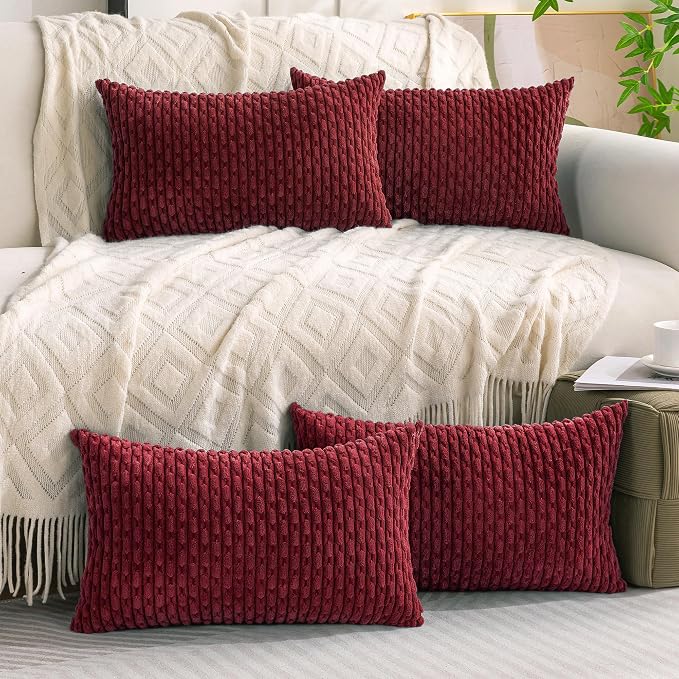 Set of 4 Burgundy Decorative Throw Pillow Covers 12x20 Inch Corduroy Pillow - Image 2
