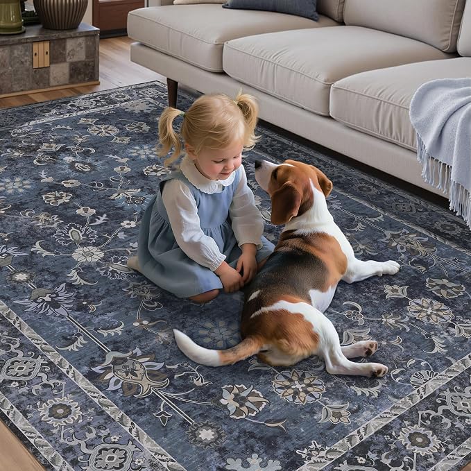 Tangsoo 4x6 Washable Area Rugs Non Slip, Boho Distressed Vintage Blue Floral - Image 7