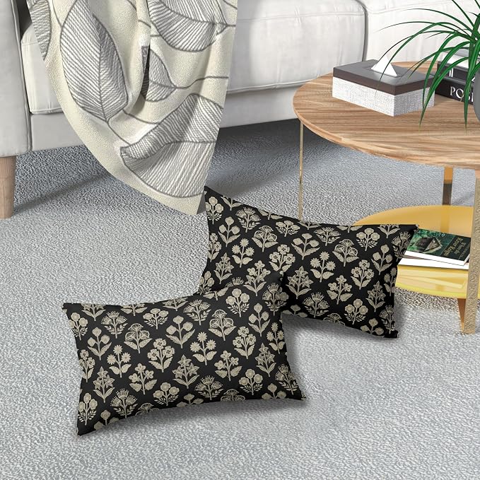 Black Pillow Covers 12x20 Inch Set of 2, Cream Floral Block Print Pattern - Image 7