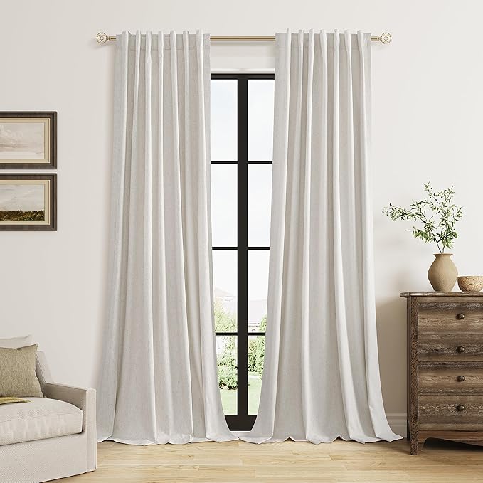 Guken 100% Black Out Light Beige Linen Curtains 90 Inch Long by Guken