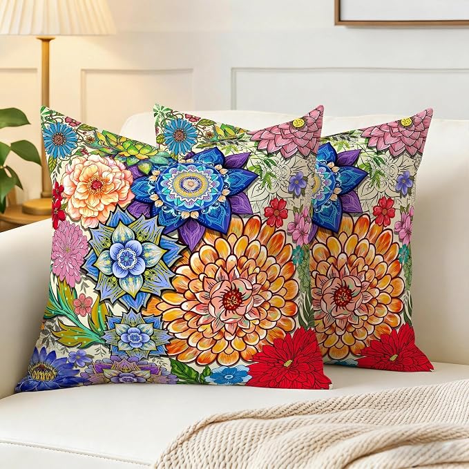 Colorful Boho Mandala Floral Throw Pillow Covers 18x18 Set of 2, Spring Easter - Image 3
