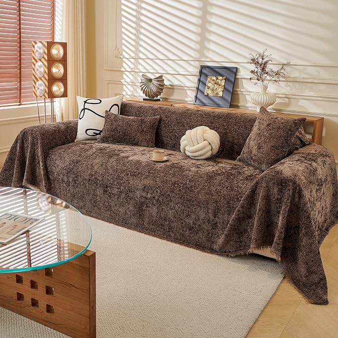 ROOMLIFE Couch Cover with Tassel Brown Chenille Sofa Cover Blanket by ROOMLIFE