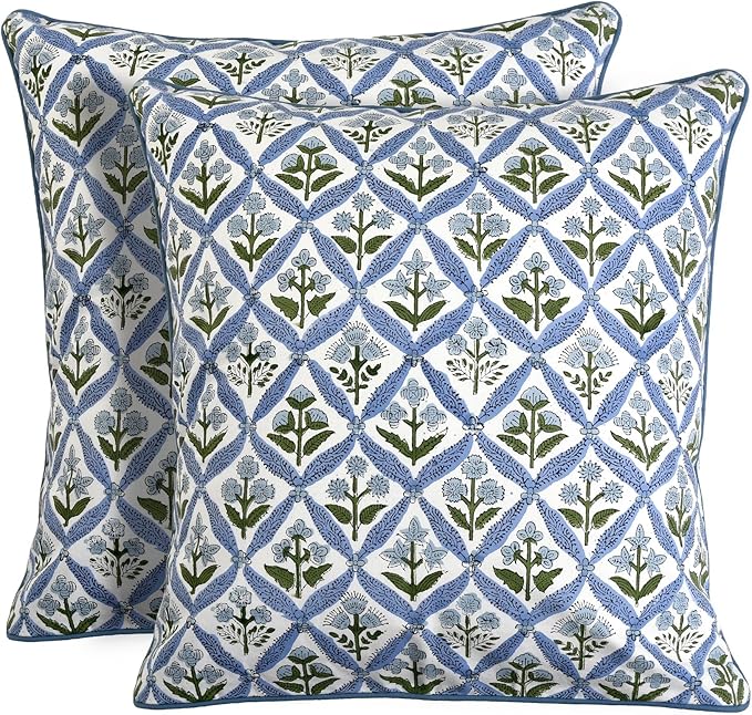 Ridhi Block Print Light Steel Blue Pillow Cover 16" x 16" Decorative Couch by Ridhi
