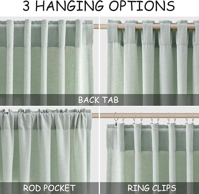 Nanspring Aqua Green Linen Curtains 102 Inches Long Rod Pocket Back Tab Drapes - Image 2