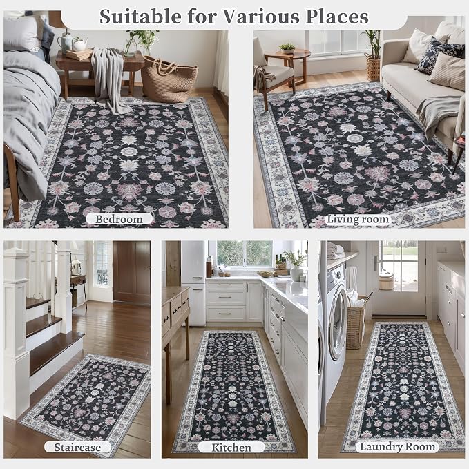 Tangsoo Floral Area Rug 6x9 Machine Washable Rug Non-Slip Vintage Distressed - Image 7