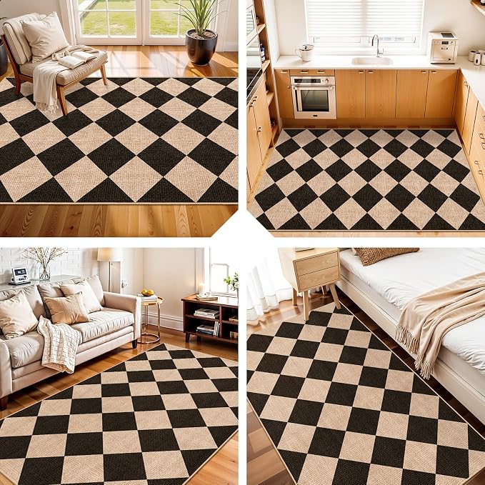 Checkered 3x5 No Shed Jute Rug: Machine Washable Non Slip Rugs Entryway Front - Image 3