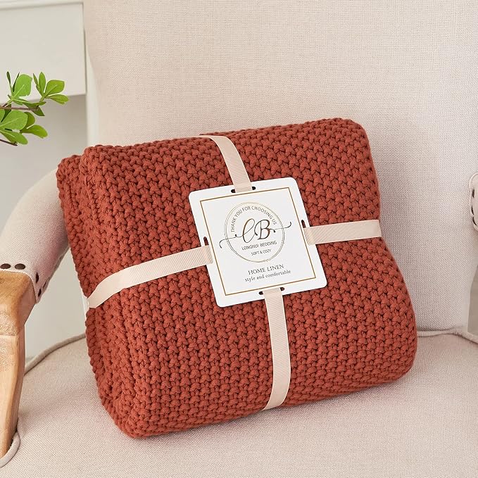 Longhui bedding Chunky Cable Knit Throw Blanket Lightweight Rust 100% Organic - Image 9
