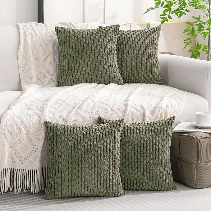Set of 4 Olive Green Decorative Throw Pillow Covers 24x24 Inch Corduroy Pillow - Image 2