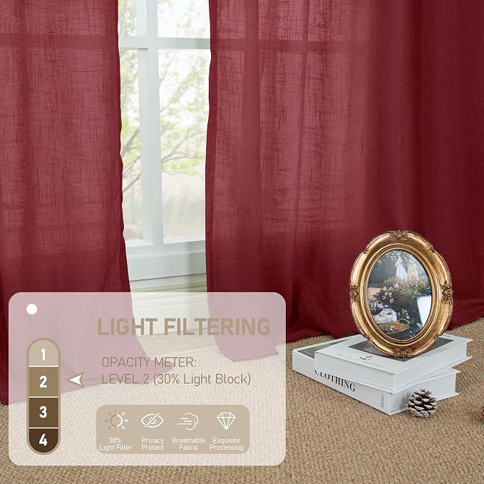 LAMIT Burgundy Red Linen Curtains 48 Inch Length 2 Panels, Light Filtering Semi - Image 5