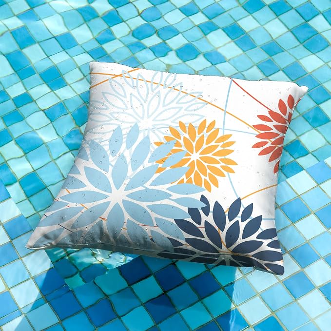 Light blue and Orange Floral Pillow Covers 18x18 Set of 2 Outdoor Waterproof - Image 4