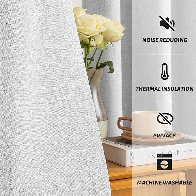 Yakamok White Linen Curtains 100% Blackout 96 Inches Long, Room Darkening - Image 5