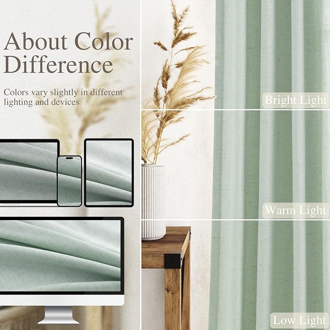 Nanspring Aqua Green Linen Curtains 102 Inches Long Rod Pocket Back Tab Drapes - Image 3