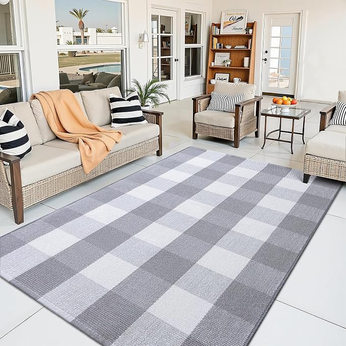 OLANLY Grey and White Striped Rug 4' x 6' – Washable Cotton Indoor Outdoor - Image 7