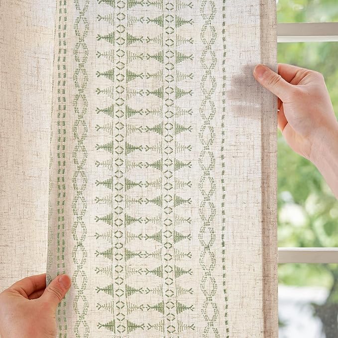 jinchan Boho Curtains for Bedroom Linen Blend Sage Green Embroidered Bordered - Image 3