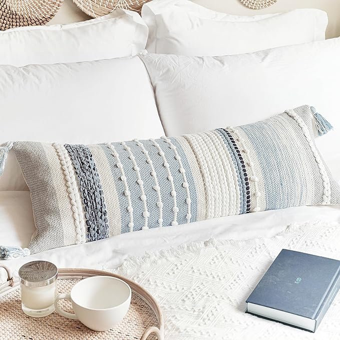 BlissBlush Coastal Blue Decorative Lumbar Pillow Cover 14x36 Boho Long Body by BlissBlush