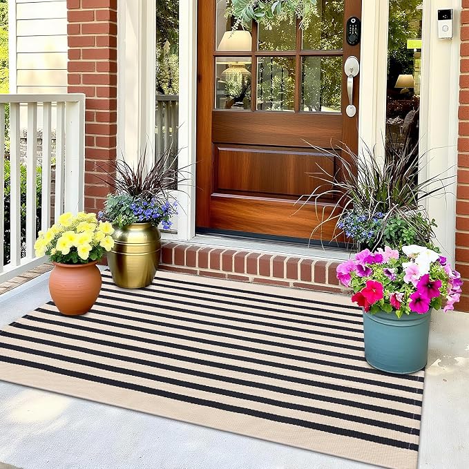 OLANLY Beige and Black Striped Rug 2' x 3' – Washable Cotton Doormat - Image 9