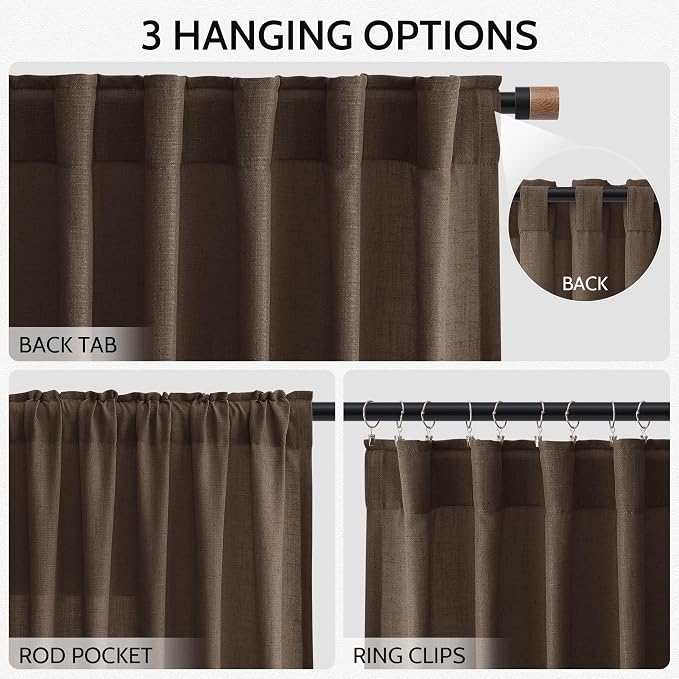 Nanspring Chocolate Linen Blend Light Filtering Back Tab Curtains 96 Inches Long - Image 3